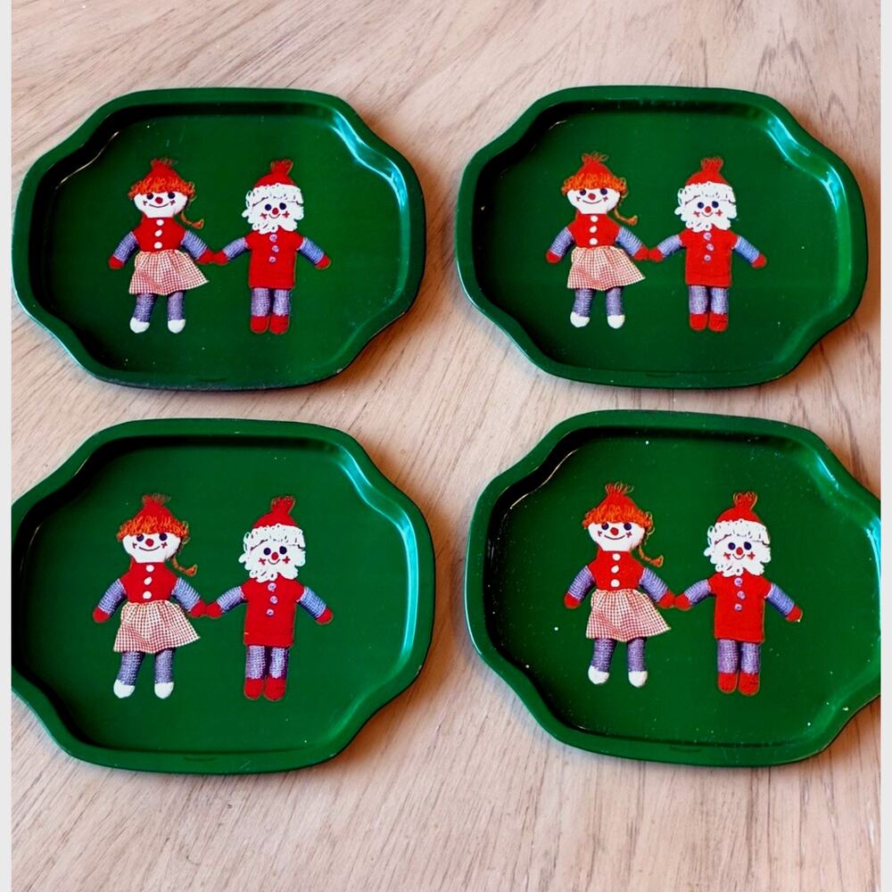 4 VTG Tin Christmas Dolls Elves Holiday Tray Boy Girl Season Greetings Hong Kong